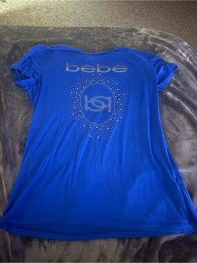bebe Sapphire Blue Short Sleeve Tee with Rhinestone Logo